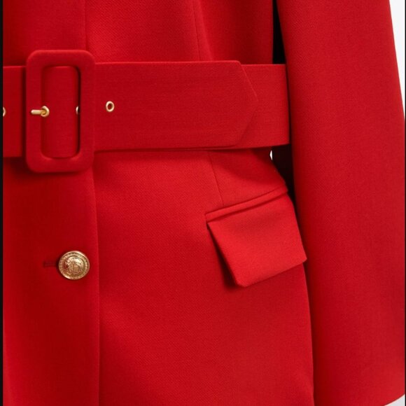 ZARA NEW WOMAN LONG BLAZER WITH LINED MATCHING BELT DRESS RED 2382/940 S - Picture 7 of 9